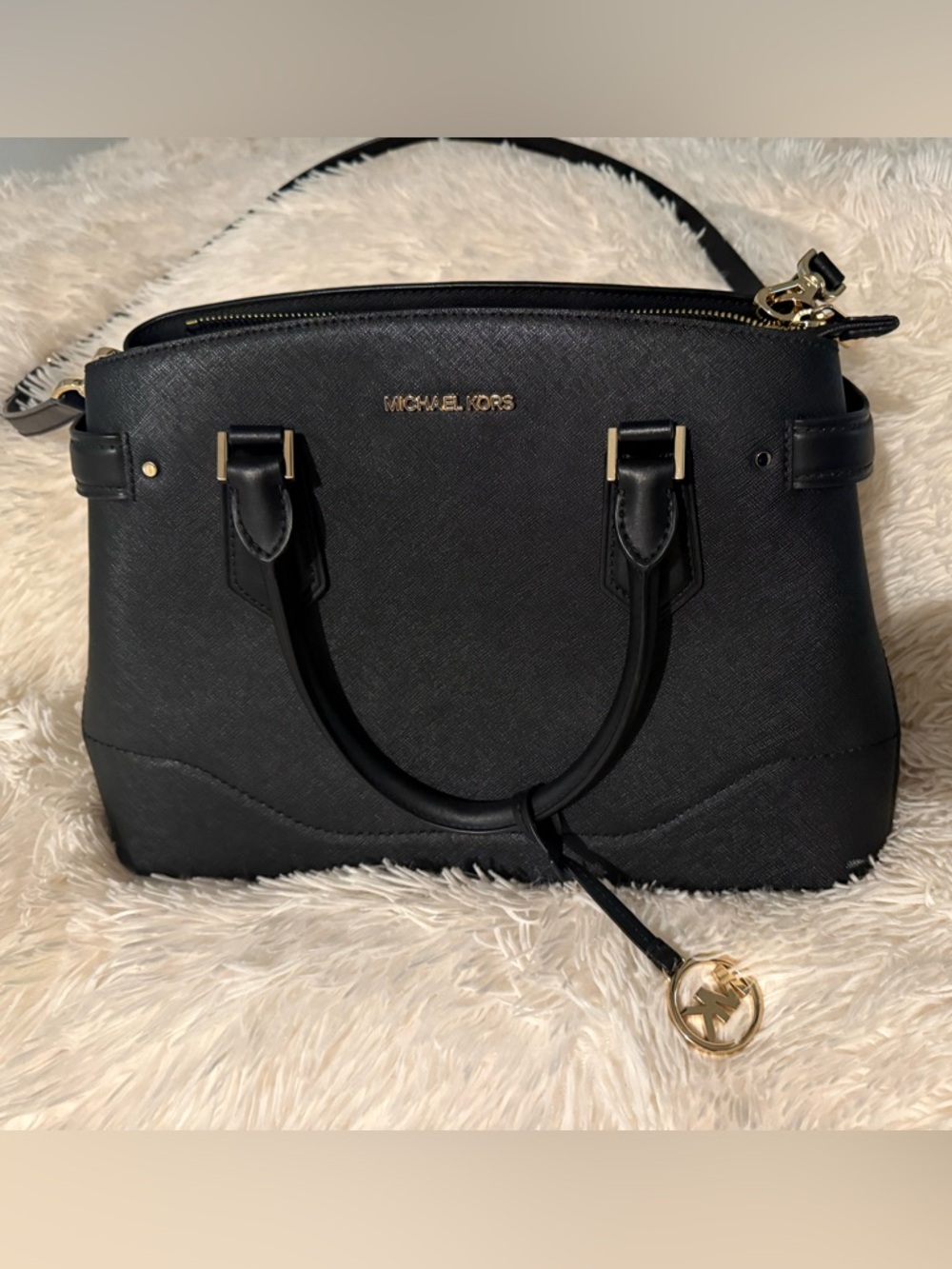 Michael Kors Black Saffiano Leather Dome Satchel with Gold Hardware